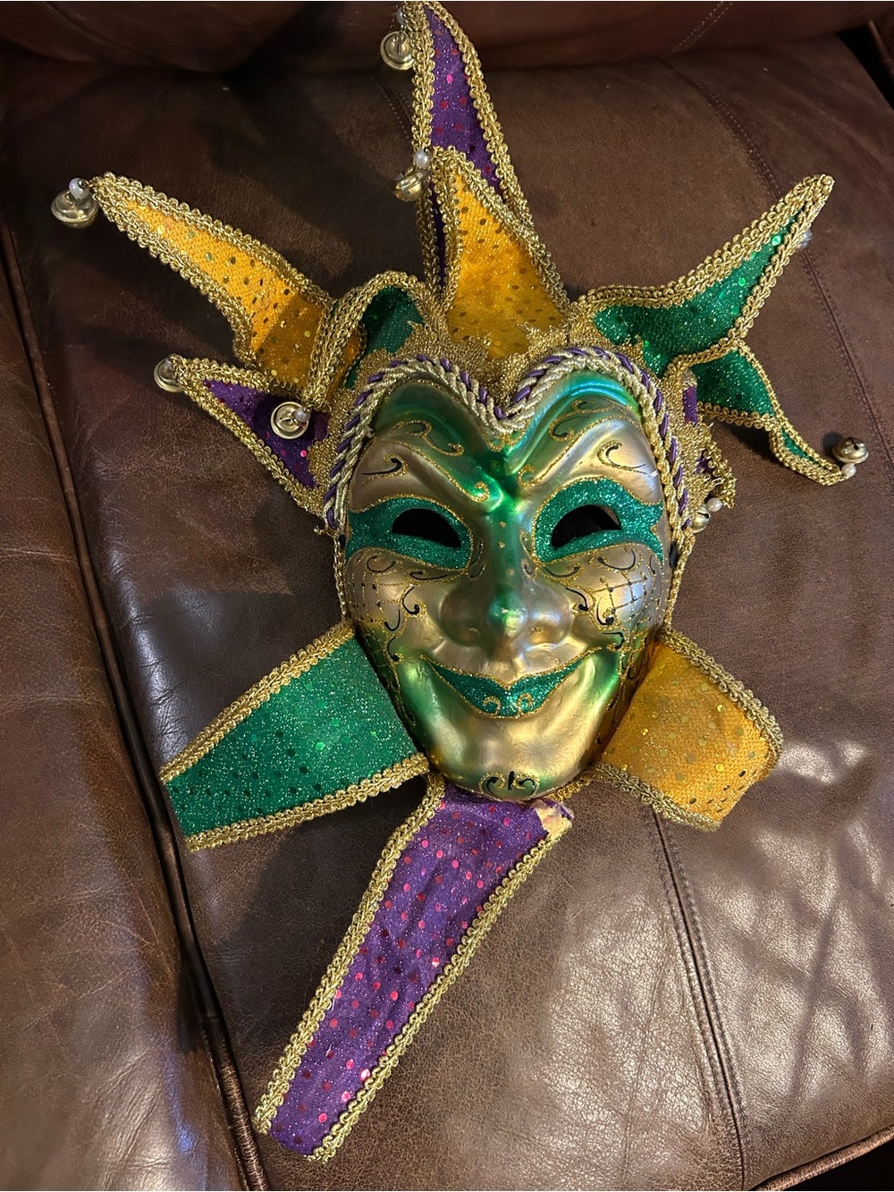 Mardi Gras Jester Mask in Green, Gold & Purple